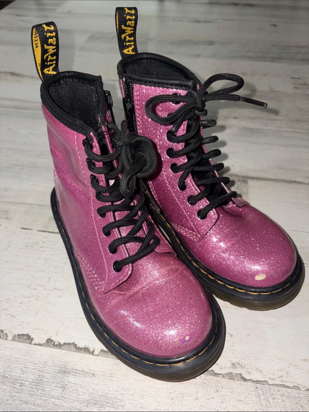 Dr. Martens Pink Glitter 8-Eye Lace-Up Boots with Black Soles - Picture 2 of 9